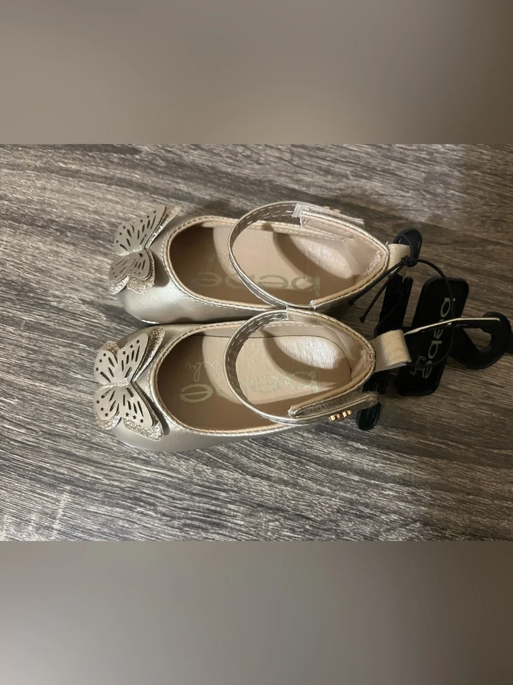 Bebe Beige Metallic Butterfly Mary Jane Kids Shoes